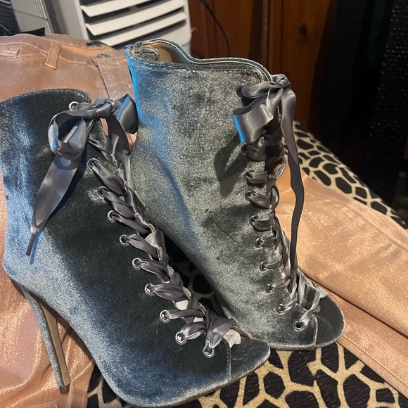 Velvet gray/silver/pewter with a Gray satin ribbon lace up high pump booty. - Picture 11 of 14